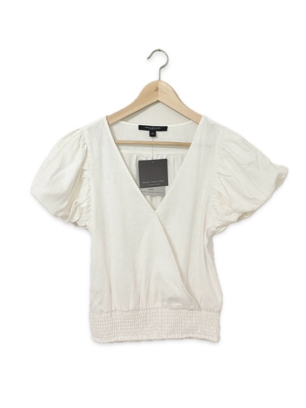 Andrew Marc Ivory Puff Sleeve Linen Blend Wrap Top NWT Size M Surplice Top